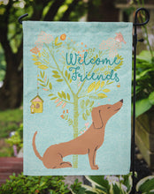 Load image into Gallery viewer, Welcome Friends Red Dachshund Garden Flag – Teal Dog Yard Decor with Tree Illustration BB7631GF