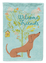 Load image into Gallery viewer, Welcome Friends Red Dachshund Garden Flag – Teal Dog Yard Decor with Tree Illustration BB7631GF