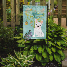 Load image into Gallery viewer, Welcome Friends White French Bulldog Garden Flag – Teal Dog Yard Decor with Tree Illustration BB7635GF