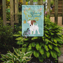 Load image into Gallery viewer, Welcome Friends Jack Russell Terrier Puppy Garden Flag – Teal Dog Yard Decor with Tree Illustration BB7637GF