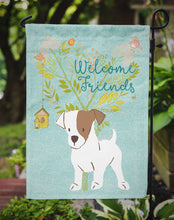 Load image into Gallery viewer, Welcome Friends Jack Russell Terrier Puppy Garden Flag – Teal Dog Yard Decor with Tree Illustration BB7637GF