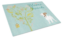 Load image into Gallery viewer, Welcome Friends Jack Russell Terrier Puppy Glass Cutting Boards – Durable, Decorative Kitchen Art Large BB7637LCB