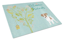 Load image into Gallery viewer, Welcome Friends Jack Russell Terrier Puppy Glass Cutting Boards – Durable, Decorative Kitchen Art Large BB7638LCB
