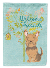 Load image into Gallery viewer, Welcome Friends Yorkie Garden Flag – Teal Dog Yard Decor with Tree Illustration BB7641GF