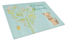 Load image into Gallery viewer, Welcome Friends Yorkie Natural Ears Glass Cutting Boards – Durable, Decorative Kitchen Art Large BB7642LCB