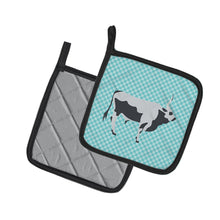 Load image into Gallery viewer, Hungarian Grey Steppe Cow Blue Check Pot Holders - Set of 2 - Heat-Resistant Kitchen Essentials BB7998PTHD