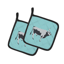 Load image into Gallery viewer, Hungarian Grey Steppe Cow Blue Check Pot Holders - Set of 2 - Heat-Resistant Kitchen Essentials BB7998PTHD