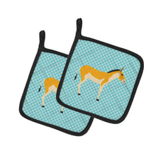 Load image into Gallery viewer, Turkmenian Kulan Donkey Blue Check Pot Holders - Set of 2 - Heat-Resistant Kitchen Essentials BB8028PTHD