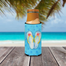Load image into Gallery viewer, Flip Flops Blue Polkadot   Hugger for slim cans BB8181MUK