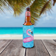 Load image into Gallery viewer, Flamingo Floaty Blue Polkadot   Hugger for slim cans BB8256MUK