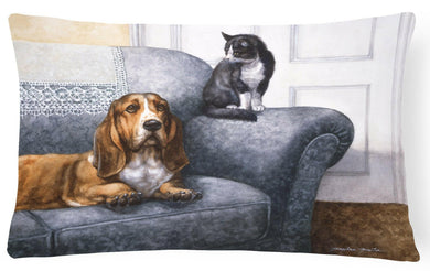 Basset Hound and Cat on couch Fabric Decorative Pillow BDBA0182PW1216