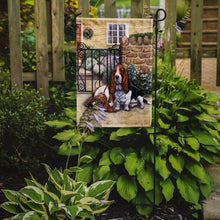 Load image into Gallery viewer, Basset Hound at the gate Garden Flag – Decorative Outdoor Yard Flag BDBA0312GF