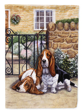 Load image into Gallery viewer, Basset Hound at the gate Garden Flag – Decorative Outdoor Yard Flag BDBA0312GF