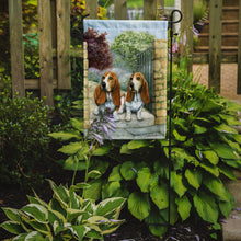Load image into Gallery viewer, Basset Hounds in the Gate Garden Flag – Decorative Outdoor Yard Flag BDBA0390GF