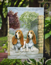 Load image into Gallery viewer, Basset Hounds in the Gate Garden Flag – Decorative Outdoor Yard Flag BDBA0390GF