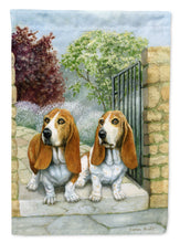 Load image into Gallery viewer, Basset Hounds in the Gate Garden Flag – Decorative Outdoor Yard Flag BDBA0390GF