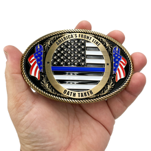 Load image into Gallery viewer, EL3-008 Police Officer Antique GOLD Thin Blue Line Police American Flag Belt Buckle America's Front Line Oath Taker