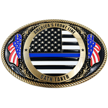 Load image into Gallery viewer, EL3-008 Police Officer Antique GOLD Thin Blue Line Police American Flag Belt Buckle America's Front Line Oath Taker