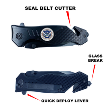Load image into Gallery viewer, DHS collectible Officer 3-in-1 Police Tactical Rescue knife tool with Seatbelt Cutter, Steel Serrated Blade, Glass Breaker Homeland Security