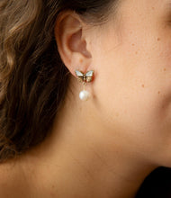 Load image into Gallery viewer, White Mother of Pearl Golden Butterflies Post Drop Earrings