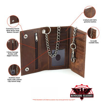 Load image into Gallery viewer, BWC234 BROWN LONG TRI-FOLD BIKER LEATHER CHAIN WALLET