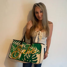 Load image into Gallery viewer, Babe Palm Leaves Large Rectangular Tote Bag | Genuine Leather Handles