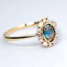 Load image into Gallery viewer, Baguette Halo Diamond Boulder Opal Engagement Ring 18K Yellow Gold