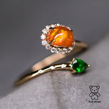 Load image into Gallery viewer, Leaf &amp; Flower Fire Opal Halo Diamond Tsavorite Engagement Ring 18K Yellow Gold