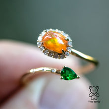 Load image into Gallery viewer, Leaf &amp; Flower Fire Opal Halo Diamond Tsavorite Engagement Ring 18K Yellow Gold