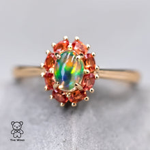 Load image into Gallery viewer, Beautiful Play of Color Fire Opal Orange Sapphire Engagement Ring 18K Yellow Gold
