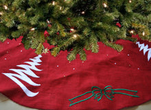 Load image into Gallery viewer, Handcrafted Customizable Christmas Tree Skirt in Red Burlap