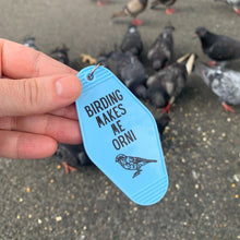 Load image into Gallery viewer, Birding Makes Me Orni Birdwatching Pun Motel Keychain