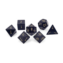 Load image into Gallery viewer, Black Obsidian - Gold Font - 7 Piece RPG Set Gemstone Dice