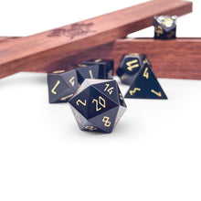 Load image into Gallery viewer, Black Obsidian - Gold Font - 7 Piece RPG Set Gemstone Dice