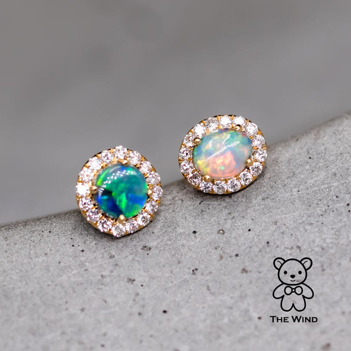 Two Tone Australian Black Opal Diamond Halo Stud Earrings 18K Yellow Gold