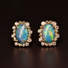 Load image into Gallery viewer, Australian Black Opal &amp; Halo Diamond Stud Earrings 18k Yellow Gold