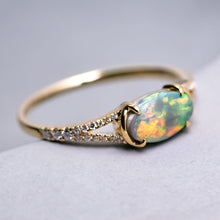 Load image into Gallery viewer, Black Opal Split Shank Engagement Ring with Pave Setting 18K Yellow Gold