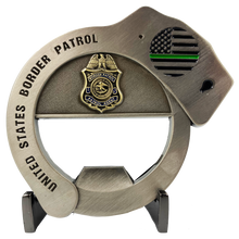 Load image into Gallery viewer, CL7-18 Border Patrol Handcuff Challenge Coin Cuff Bottle Opener Thin Green Line BP Agent