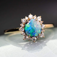 Load image into Gallery viewer, Bright Boulder Opal Halo Diamond Engagement Ring 18K Yellow Gold