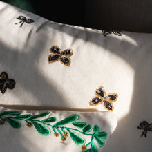 Load image into Gallery viewer, Embroidered bow pillow, cream cotton velvet