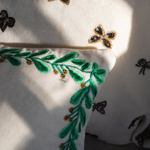Load image into Gallery viewer, Embroidered border mistletoe pillow, cream cotton velvet