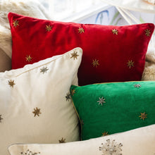 Load image into Gallery viewer, Embroidered star pillow, emerald green cotton velvet
