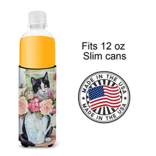 Load image into Gallery viewer, Black and White Rose Cat Slim Can Hugger – Fun &amp; Functional Drink Coolers CDCO0176MUK