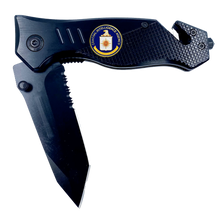 Load image into Gallery viewer, CIA Central Intelligence Agency 3-in-1 Tactical Rescue knife tool with Seatbelt Cutter, Steel Serrated Blade, Glass