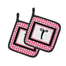 Load image into Gallery viewer, Letter T Monogram - Pink Black Polka Dots Pot Holders - Set of 2 - Heat-Resistant Kitchen Essentials CJ1001-TPTHD