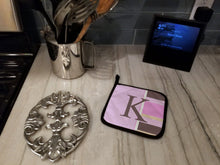 Load image into Gallery viewer, Letter K Initial Monogram - Pink Stripes Pot Holders - Set of 2 - Heat-Resistant Kitchen Essentials CJ1005-KPTHD