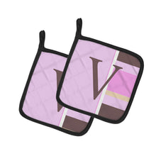 Load image into Gallery viewer, Letter V Initial Monogram - Pink Stripes Pot Holders - Set of 2 - Heat-Resistant Kitchen Essentials CJ1005-VPTHD