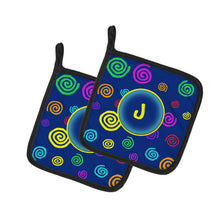 Load image into Gallery viewer, Letter J Initial Monogram - Blue Swirls Pot Holders - Set of 2 - Heat-Resistant Kitchen Essentials CJ1011-JPTHD