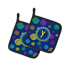Load image into Gallery viewer, Letter Y Initial Monogram - Blue Swirls Pot Holders - Set of 2 - Heat-Resistant Kitchen Essentials CJ1011-YPTHD