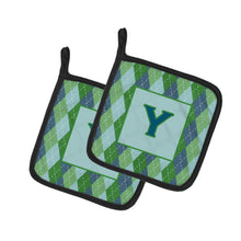 Load image into Gallery viewer, Initial Y Monogram - Blue Argoyle Pot Holders - Set of 2 - Heat-Resistant Kitchen Essentials CJ1020-YPTHD